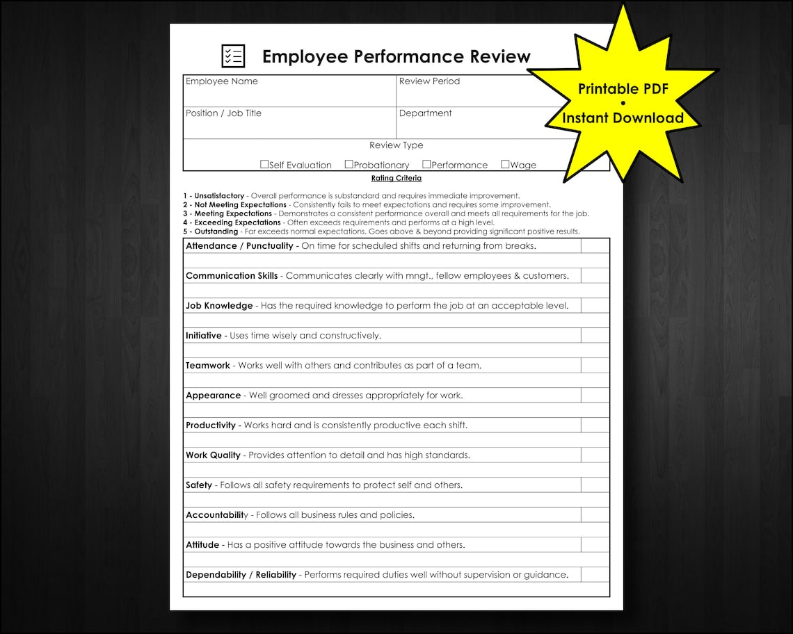 Deluxe Employee Performance Review Form | Printable PDF | Instant ...