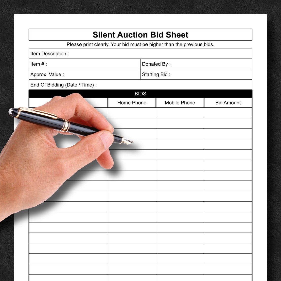 Silent Auction Bid Sheet | Printable PDF | Instant Digital Download - Etsy