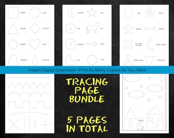 Tracing Page Bundle | Shapes, Lines & Pictures | 5 Printable PDF Pages | Instant Digital Download