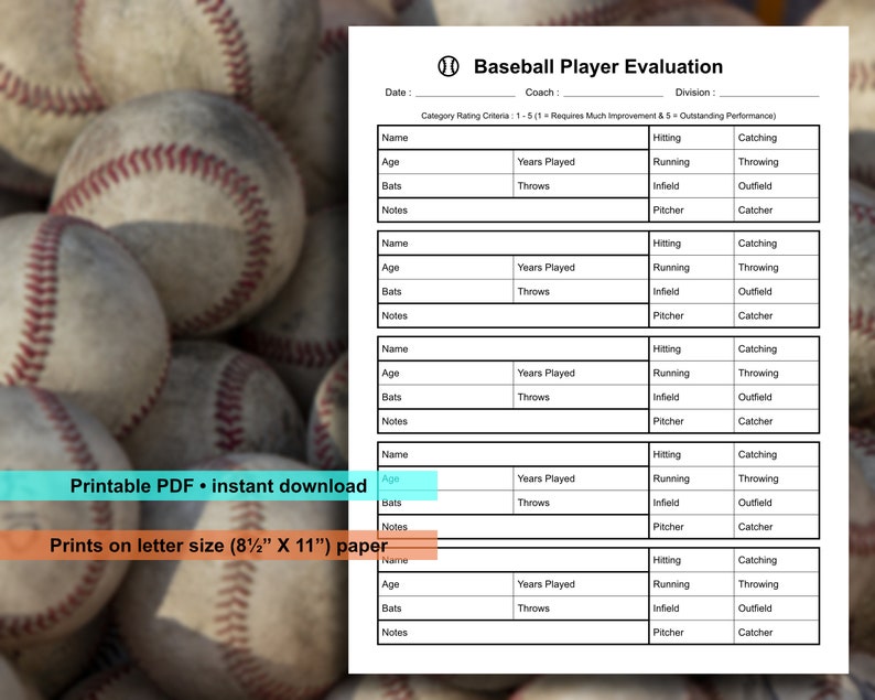 Baseball Player Evaluation Form Skills Assessment Form - Etsy