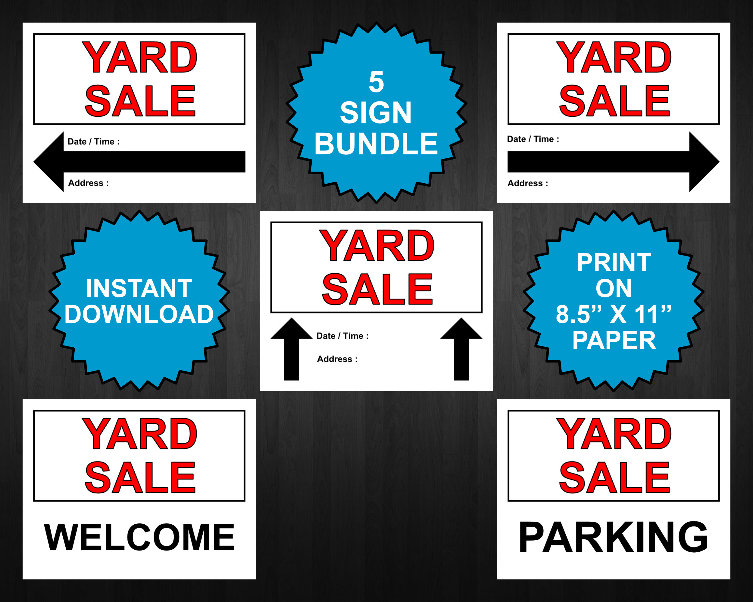 Yard Sale Signs Printable PDF 5 Pack Bundle Instant Etsy