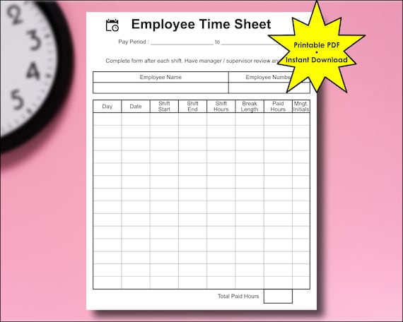 employee time sheet printable pdf instant digital download etsy