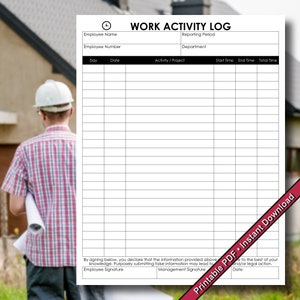 Employee Work Activity Log Form: Printable PDF (Instant Download)