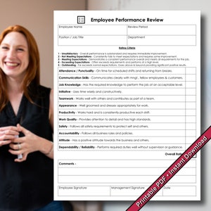Employee Performance Review Form | Employee Evaluation Form | Printable PDF | Instant Digital Download