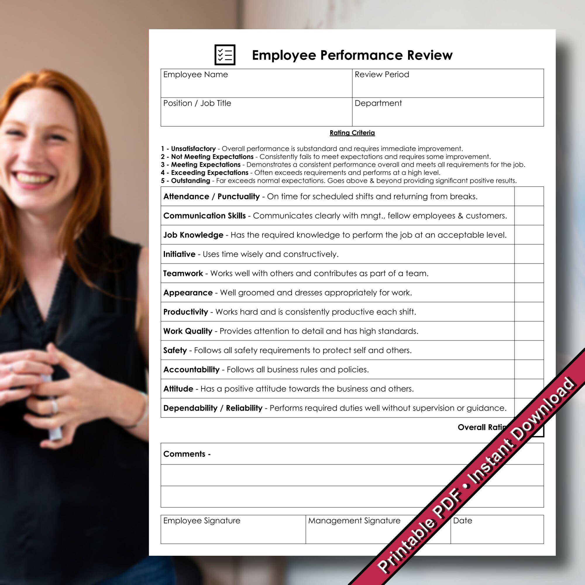 Employee Performance Review Form | Printable PDF | Instant Digital ...
