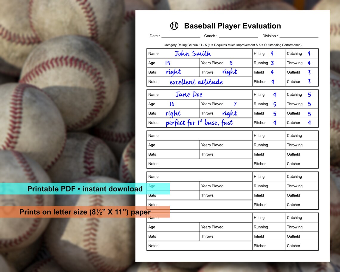 Baseball Player Evaluation Form | Skills Assessment Form | Tryout Form ...