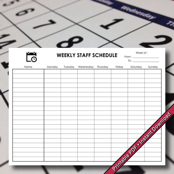 Weekly Staff Schedule | Weekly Employee Schedule | Printable PDF | Instant Digital Download