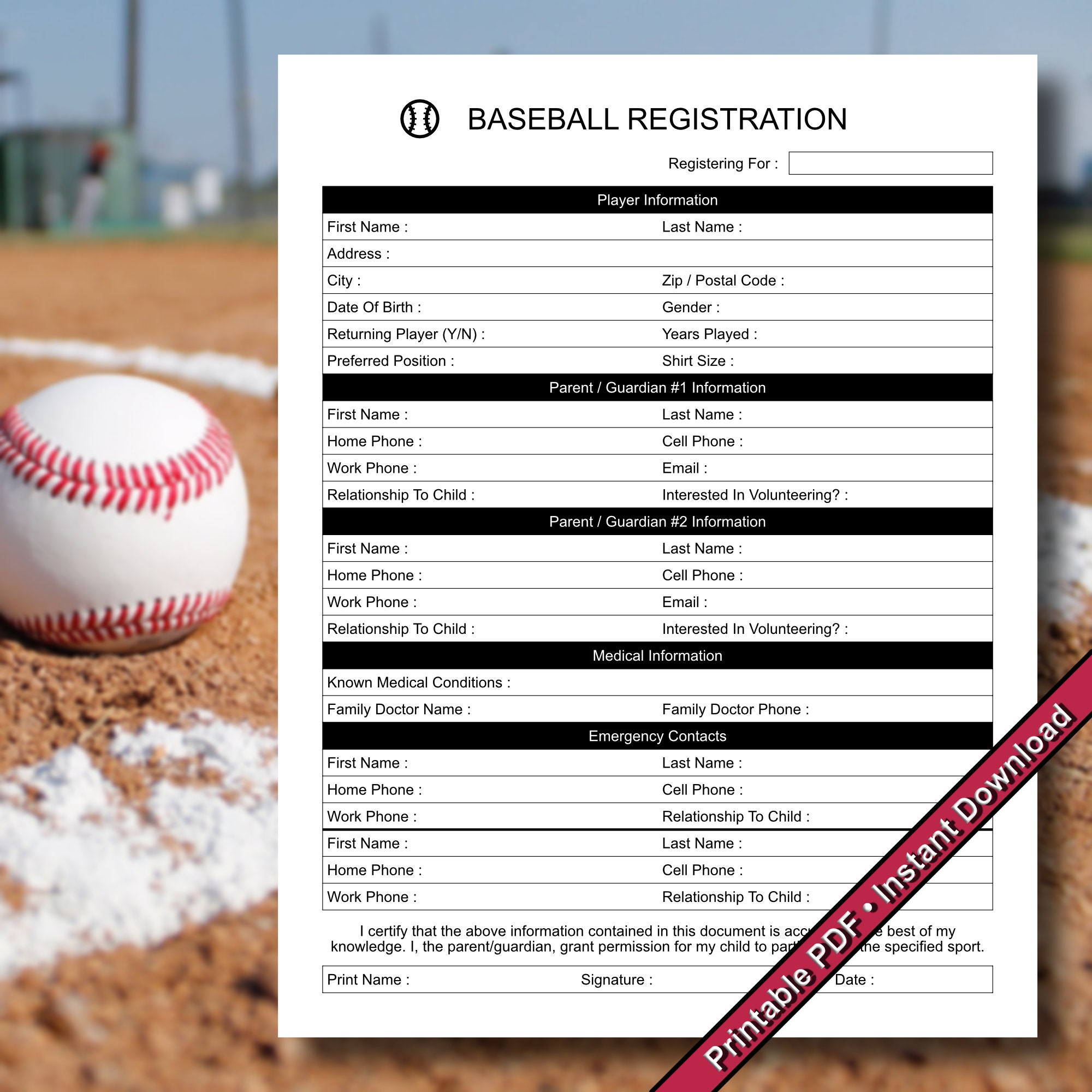 Baseball Registration Form Printable PDF Instant Download Etsy Baseball Registration Form Printable PDF Instant Download Etsy