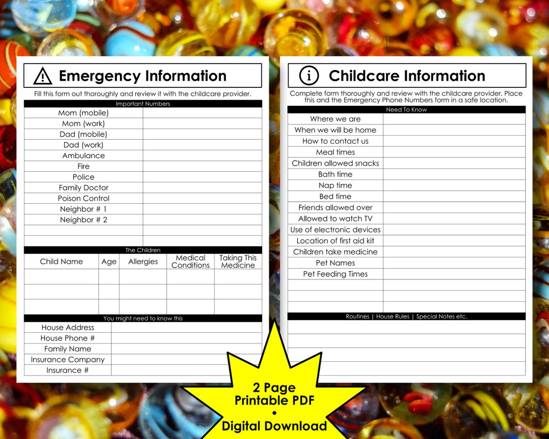 Babysitter Emergency Contacts &amp; Information Sheets | Deluxe 2 Page ...