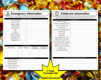 Babysitter Emergency Contacts & Information Sheets | Deluxe 2 Page Version | Printable PDF | Instant Digital Download