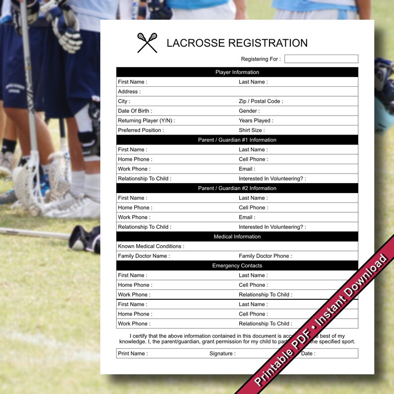 Lacrosse Registration Form Printable PDF Instant Download Etsy