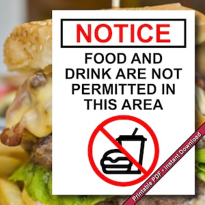 Food Or Drink Not Permitted In This Area Sign | Printable PDF | Instant Digital Download