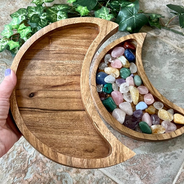 Crescent Moon Acacia Wood Tumbled Stone/Worry Stone Tray