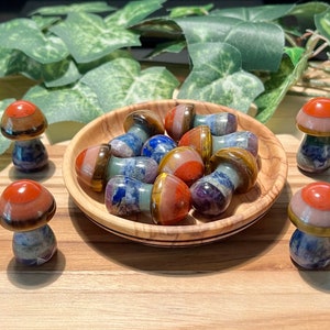 May include: A collection of seven small, multi-colored, crystal mushroom figurines. The mushrooms are made of various stones, including red jasper, tiger's eye, amethyst, and lapis lazuli. They are arranged in a wooden bowl and on a wooden surface.