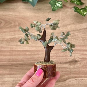 May include: A small decorative tree sculpture with a brown trunk and branches, adorned with light green gemstone leaves. The tree sits in a small, round wooden base filled with small stones. The tree is held in a hand with pink nail polish.