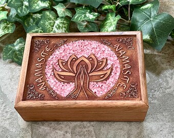 Lotus-Namaste Wooden Box with Rose Quartz Inlay