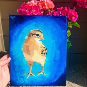 Baby chicken, blue themed painting (10&quot; x 8&quot;)
