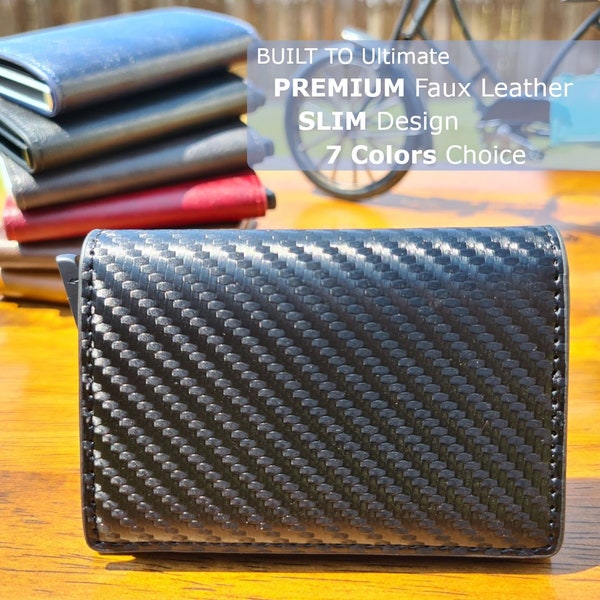 Personalized Slim Wallet, Carbon Fiber Black Color, Engraved, Credit Card RFID Blocking Pop Up Leather Wallet Mens Wallet, Custom Wallet