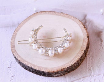 Pearl and diamond Semi-Circle Hair Clip| Dreamy Moon Hair Clip| Geometric Metal Hair Clip