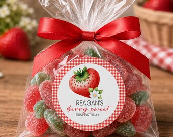 Berry Sweet One Circle Party Favor Stickers | Strawberry Theme Stickers | Printed-Only