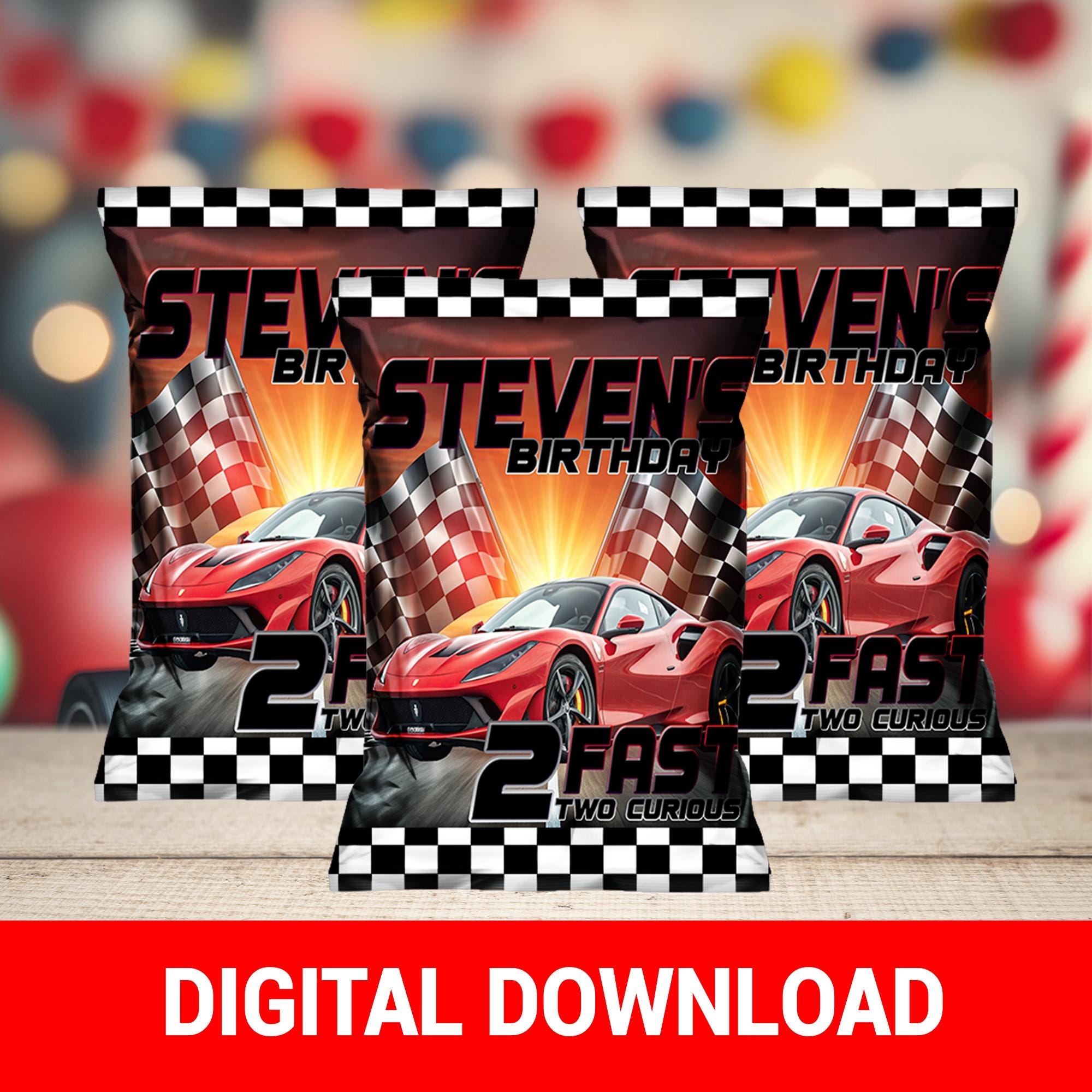 12 Rennwagen-Geschenktüten „Two Fast“ – Für 2. Geburtstag, Blau, Mit Griffen
