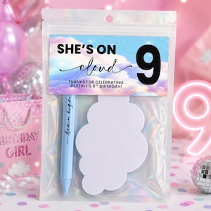 May include: A clear plastic pouch containing a light blue pen and a white cloud-shaped cutout. The header card features a pastel cloud background with the text "SHE'S ON cloud 9" and "THANKS FOR CELEBRATING DESTINY'S 9TH BIRTHDAY!" in black lettering.