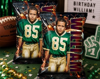 May include: Two custom chip bags featuring a photograph of a person wearing a green football jersey with the number 85 in white and gold, paired with tan pants. The bags display the name WILLIAM in large, bold, vertical gold and red letters.