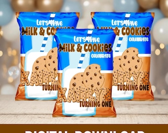 A Cookie-licious Party! Milk & Cookies Chip Bag |  First Birthday Party Favor |  Birthday Digital Favor