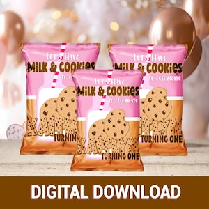 A Cookie-licious Party! Milk & Cookies Chip Bag |  First Birthday Party Favor |  Birthday Digital Favor