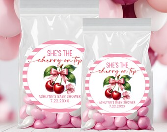 She’s The Cherry On Top Stickers | 2.5 Inch Circle Baby Shower Favor Stickers | Cherry Theme Party Favors