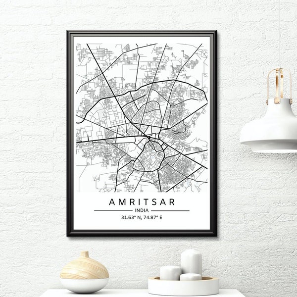 Amritsar Panjab India Map Printable | Digital Download Amritsar Map Print | Home Decor City Map Print