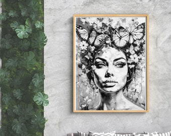 Woman Portrait Acrylic Painting Print | Black and White Woman Digital Art | Digital Download Art Printable | ai generated art