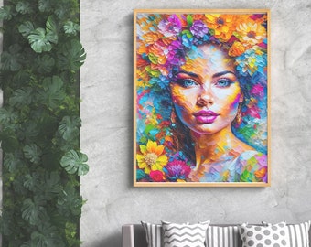 Woman Portrait Acrylic Painting Print | Colorful Woman Digital Art | Digital Download Art Printable | Room Decor Prints | ai generated art