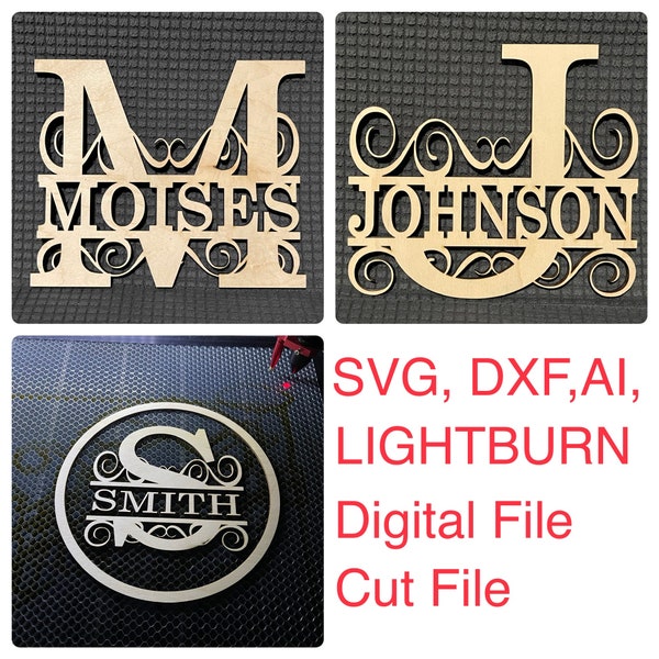 Alfabeto de monograma dividido, letras divididas A-Z, SVG DXF AI Lightburn Archivos de corte digital para Glowforge Cricut XTool Ortur Lightburn LM2 CO2 Laser