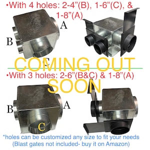 Op de afbeelding: Twee metalen kanaaldozen met verschillende gatconfiguraties. De bovenste doos heeft vier gaten: twee gaten van 2-4", een gat van 1-6" en een gat van 1-8". De onderste doos heeft drie gaten: twee gaten van 2-6" en een gat van 1-8". De tekst "COMING OUT SOON" wordt in het midden van de afbeelding weergegeven.