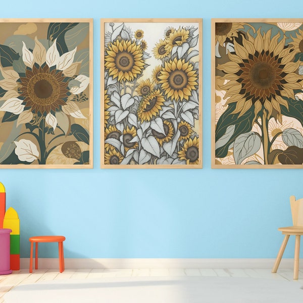 Sunflower Boho Wall Decor, Bohemian Home Decor Digital Print