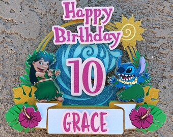 Custom blue or pink 3D Lilo and Stitch cake topper, Hawaiian party, Luau, Lilo and Stitch party
