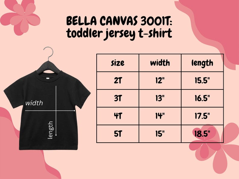 Puede incluir: Una camiseta negra de jersey para ni&ntilde;os peque&ntilde;os colgada de una percha. La imagen incluye una tabla de tallas con medidas en pulgadas, equivalentes en cm, para las tallas 2T a 5T. El texto "BELLA CANVAS 3001T: toddler jersey t-shirt" est&aacute; en la parte superior.