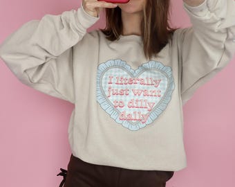 Dilly Dally Gingham Heart Sweatshirt, Funny Valentine Crewneck