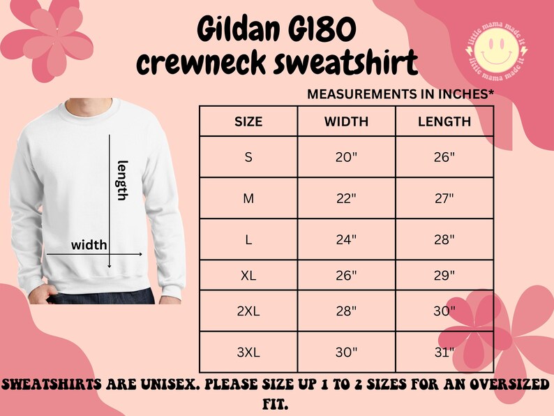 May include: White Gildan G180 crewneck sweatshirt with a size chart showing measurements in inches. The chart includes sizes S to 3XL, with widths from 20" to 30" and lengths from 26" to 31".