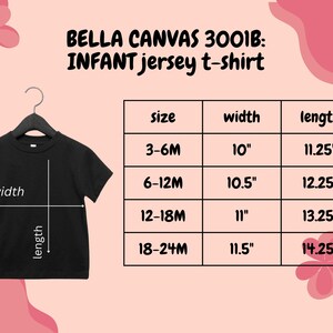 Puede incluir: Camiseta de beb&eacute; negra de punto de jersey en una percha. La camiseta tiene medidas para las tallas 3-6M, 6-12M, 12-18M y 18-24M. El ancho var&iacute;a de 25,4 cm a 29,2 cm y el largo de 28,6 cm a 36,2 cm. Se muestra el texto "BELLA CANVAS 3001B: INFANT jersey t-shirt".