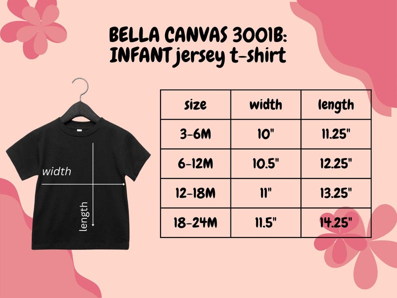 Puede incluir: Camiseta de beb&eacute; negra de punto de jersey en una percha. La camiseta tiene medidas para las tallas 3-6M, 6-12M, 12-18M y 18-24M. El ancho var&iacute;a de 25,4 cm a 29,2 cm y el largo de 28,6 cm a 36,2 cm. Se muestra el texto "BELLA CANVAS 3001B: INFANT jersey t-shirt".