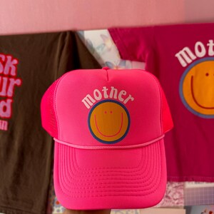 Neon Pink &quot;MOTHER&quot; Trucker Hat: Groovy Mom Hat