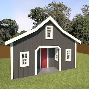 May include: A gray wooden shed with a white trim and a red door. The shed has two windows on each side and one window on the front. The shed is surrounded by green grass.