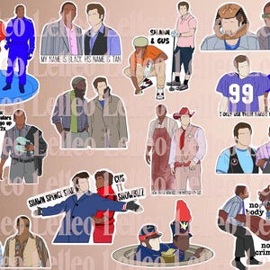 May include: A collection of die-cut vinyl stickers featuring illustrated pairs of characters from the television show Psych. The stickers depict various scenes with text including My Name is Black, His Name is Tan, and No Body No Crime.