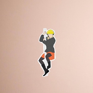 May include: A sticker featuring a person wearing a yellow hard hat, black jacket, orange skirt, and black boots, climbing a white pole. The background is a solid, light peach color.