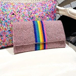 Pink Striped Seed Beaded Clutch