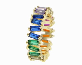 Rainbow Crystal Ring, 18k Gold Plated Ring, womens baguette ring