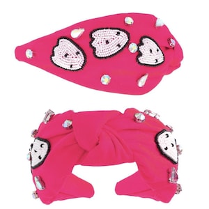 Top Knot Headband - Pink Ghost Seed Bead Rhinestone Embellished