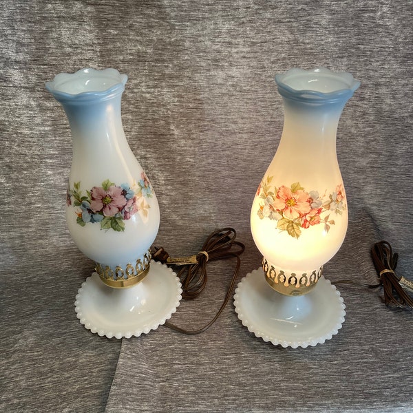 Set of 2 Milk Glass Hurricane Lamps With Flowers #341